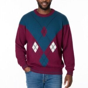 Vintage 90s Par Four Dark Magenta Teal Argyle Crewneck Golf Sweater Size XL